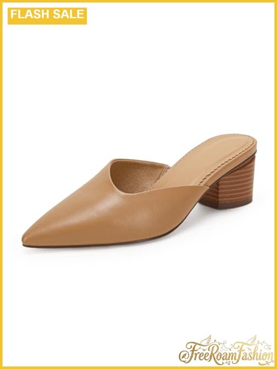 Shoes - Pointed Toe V Cut Mules Chunky Block Heels Slip On Clogs Office Slides